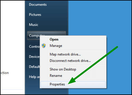 An arrow points to 'Properties' as the last item of the right-click menu.